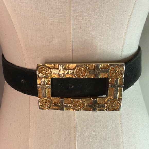 Gold Vintage Rectangular Buckle with Black Suede Custom Belt 32-35in x 1 1/4\